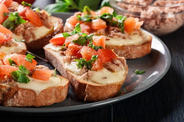 Aperitivo bruschetta con atún, queso mozarella y tomates — Foto de Stock