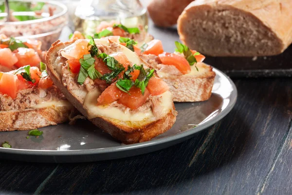 Aperitivo bruschetta con atún, queso mozarella y tomates — Foto de Stock