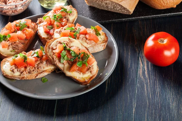 Aperitivo bruschetta con atún, queso mozarella y tomates — Foto de Stock