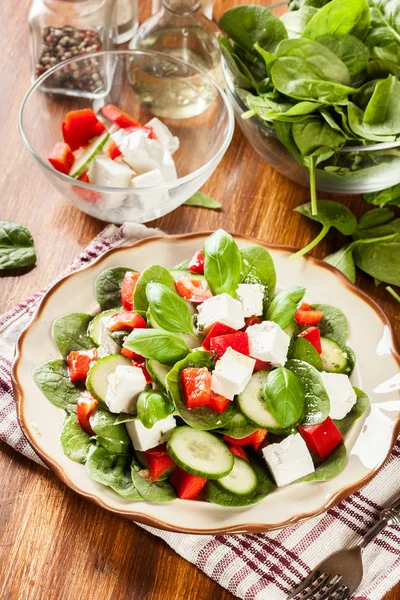 Beyaz peynir, salatalık ve bir pla üzerinde kırmızı pul biber taze ıspanak salatası — Stok fotoğraf