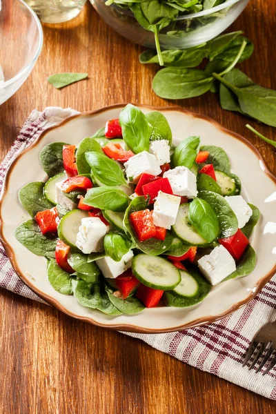 Salada de espinafre fresca com feta, pepino e páprica vermelha em um pla — Fotografia de Stock