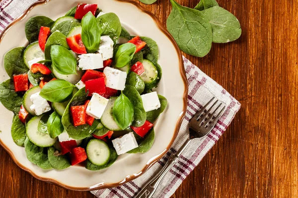 Свежий салат из шпината с феттой, огурцом и красной паприкой на блюдечке — стоковое фото