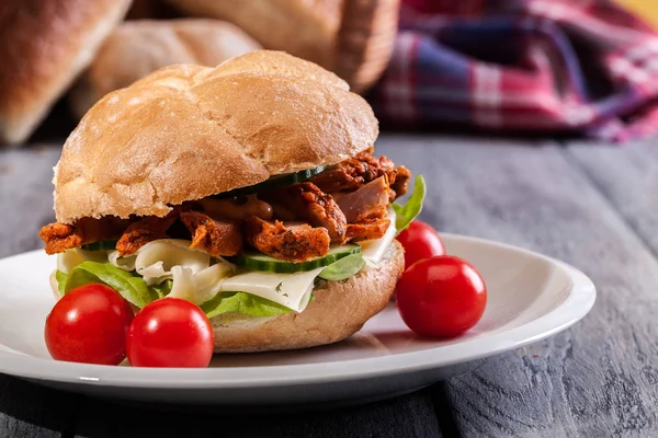 Gebratenes Hühnerfleisch mit Käse und Gemüse im Brötchen — Stockfoto