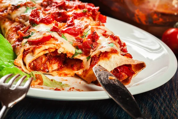 Traditionella mexikanska enchiladas med kycklingkött, kryddig tomatsås och ost på en tallrik — Stockfoto