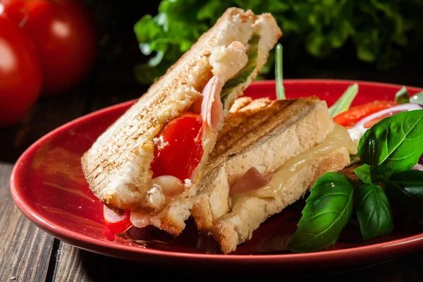 Panini tostado con sándwich de jamón, queso y tomate —  Fotos de Stock