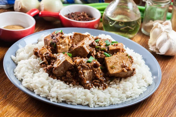 Mapo Tofu - sichuan pikantne danie podawane z ryżem — Zdjęcie stockowe
