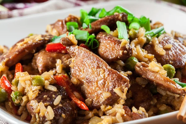 Arroz frito com frango e legumes servidos em um prato — Fotografia de Stock