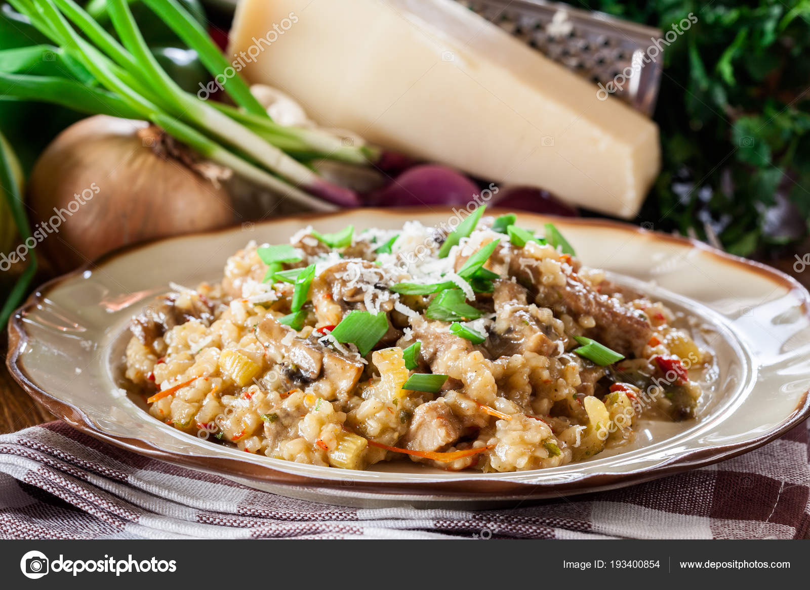 Risotto With Champignon Mushrooms Pork And Parmesan Stock Photo