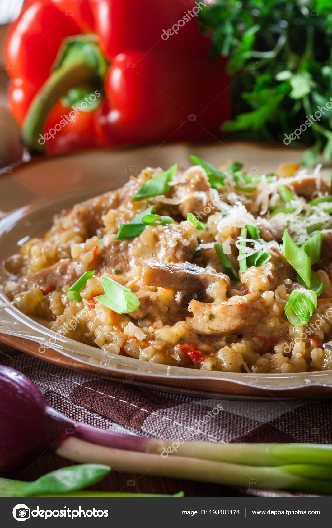 Risotto With Champignon Mushrooms Pork And Parmesan Stock Photo