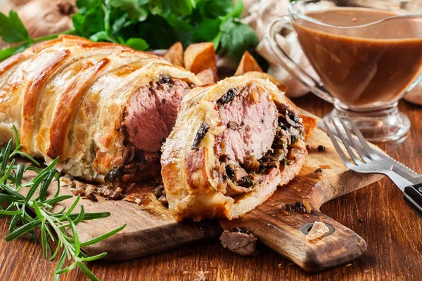 Pork tenderloin in wellington style in puff pastry — Stock Photo, Image