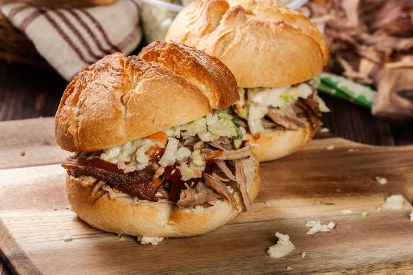 Homemade pulled pork burger with coleslaw salad — Stock Photo, Image