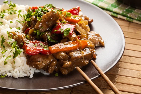 Chinese Sticky Pork Sirloin Roasted Sweet Savory Sauce Served Boiled — Stock Photo, Image