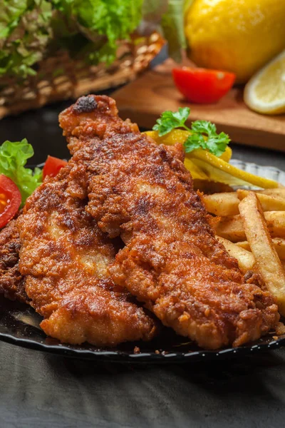 Fried Fish Crispy Batter Chips Plate — Stock Photo, Image