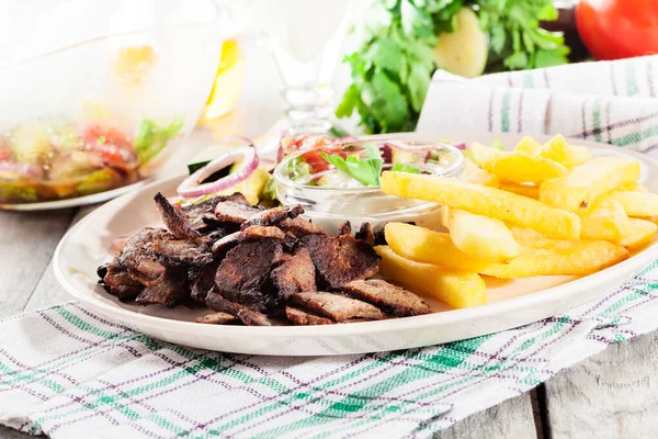 Grilled Meat French Fries Fresh Vegetables Plate — Stock Photo, Image