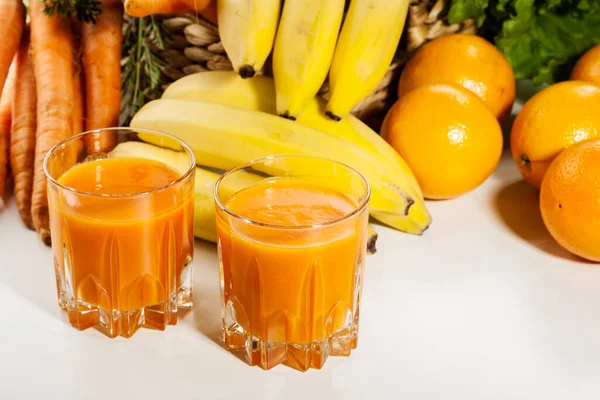 Glass Fruit Juice Orange Carrots Banana Table — Stock Photo, Image