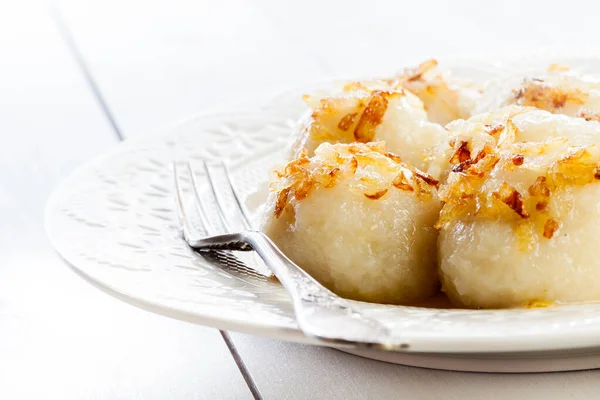 Potato Dumplings Stuffed Meat White Plate — Stock Photo, Image