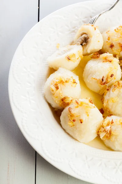 Potato Dumplings Stuffed Meat White Plate Top View — Stock Photo, Image