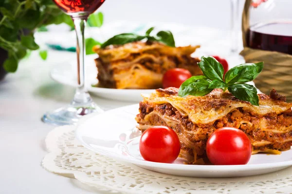 Piece Tasty Hot Lasagna Red Wine Selective Focu — Stock Photo, Image