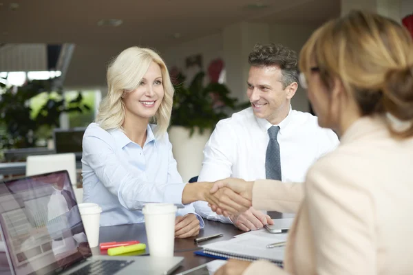 Manager shaking hands with smiling woman — Stock Photo, Image