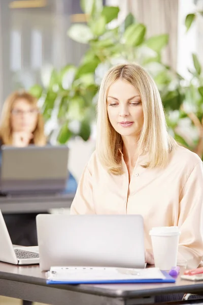 Mujer de negocios que trabaja en computadoras portátiles —  Fotos de Stock