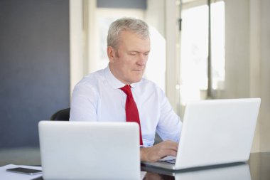 dizüstü bilgisayarlarda çalışan iş adamı