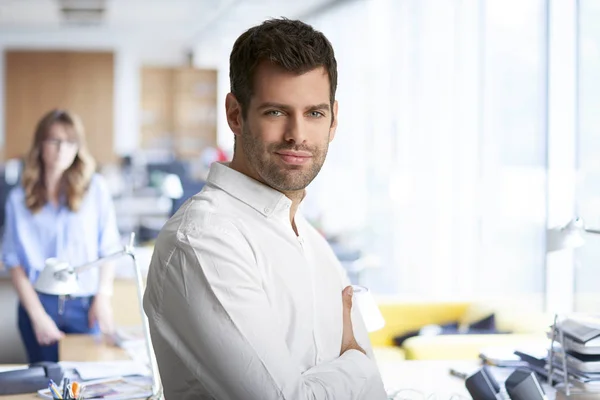 Phlegmatic Young Businessman Arms Crossed Wearing Shirt Looking Camera While — Stock Photo, Image