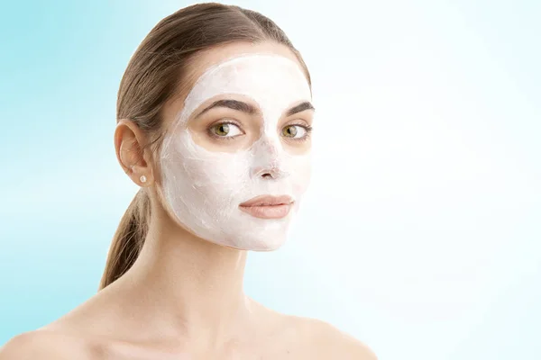 Studio Shot Young Woman Face Mask Isolated Background Copy Space — Stock Photo, Image