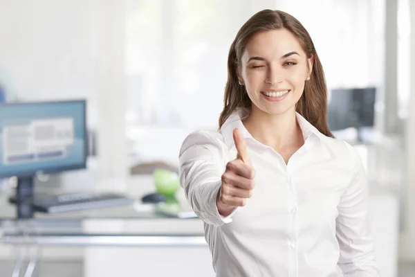 Beautiful Young Businesswoman Toothy Smile Giving Thumb While Standing Office — Stock Photo, Image