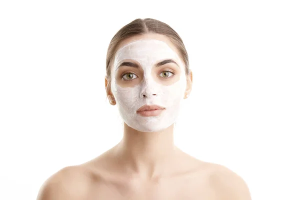 Close Studio Shot Young Woman Wearing Face Mask Isolated White — Stock Photo, Image