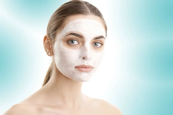 Close Shot Beautiful Young Woman Wearing Face Mask Isolated Light — Stock Photo, Image