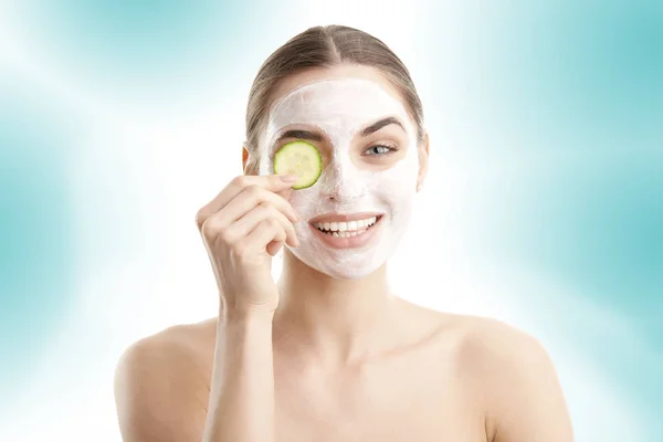 Close Portrait Smiling Beautiful Young Woman Wearing Face Mask Holding — Stock Photo, Image