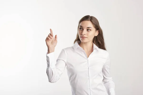 Portrait Young Woman Wearing White Shirt Looking While Pointing Copy — Stock Photo, Image