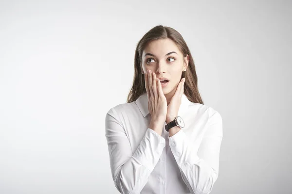 Portrait Worried Young Woman Hands Her Face Looking Away While — Stock Photo, Image