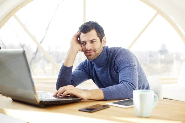 Portrait Young Man His Forehead Rested His Hand While Sitting — Stock Photo, Image