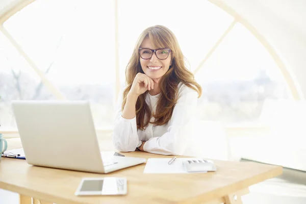 Uma Mulher Negócios Meia Idade Atraente Sentada Frente Laptop Gerenciando — Fotografia de Stock