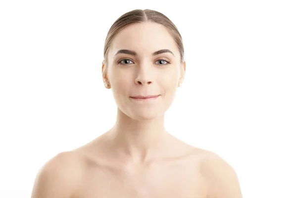 Retrato Belleza Cerca Una Hermosa Joven Posando Sobre Fondo Blanco —  Fotos de Stock