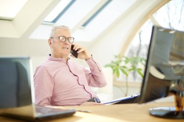 Cep telefonunu kullanarak ve biriyle laptop önünde oturma ve çalışma sırasında konuşmak kıdemli işadamı. 