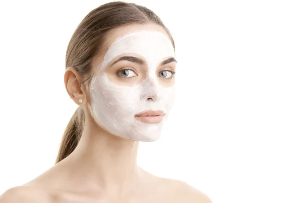 Close Shot Beautiful Young Woman Wearing Face Mask Isolated White — Stock Photo, Image