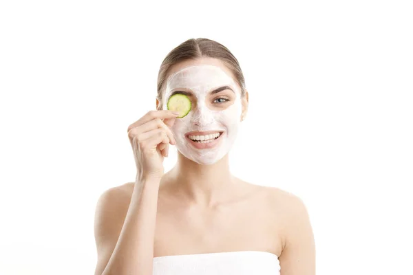 Close Portrait Smiling Beautiful Young Woman Wearing Face Mask Holding — Stock Photo, Image