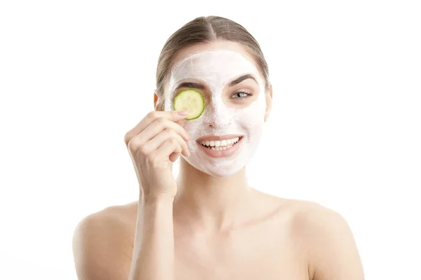 Close Shot Smiling Beautiful Young Woman Wearing Face Mask Holding — Stock Photo, Image