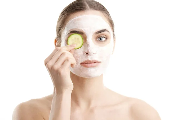 Close Shot Smiling Beautiful Young Woman Wearing Face Mask Holding — Stock Photo, Image