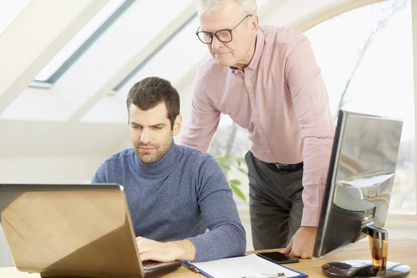 Junger Finanzassistent Mit Laptop Während Ein Älterer Finanzunternehmer Neben Ihm — Stockfoto