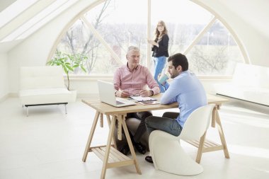 İş takım birlikte ofiste çalışan bir kadeh. Üst düzey yönetici işadamı ve ofis büro dizüstü bilgisayar önünde oturan ve hakkında yeni bir proje danışmanlık genç asistanı. Arka plan ayakta Uncrecognizable işkadını. 