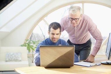 Laptop önünde oturan ve üst düzey yöneticisi işadamı ile birlikte yeni proje üzerinde çalışırken danışmanlık genç satış asistanı iş adamı. Ofiste takım çalışması. 