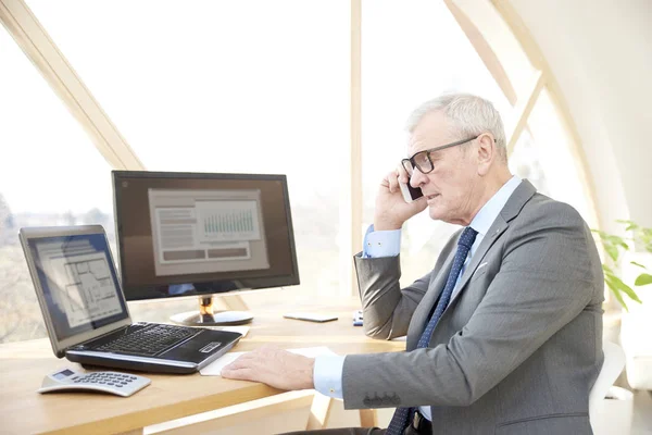 Portret Van Een Senior Sales Man Zit Bureau Voor Laptop — Stockfoto