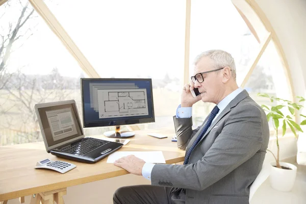 Portrait of a senior sales man sitting at office desk in front of laptop and talking with somebody in his mobile phone.