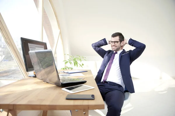 Successful Young Businessman Wearing Suit While Sitting Office Desk His — Stock Photo, Image
