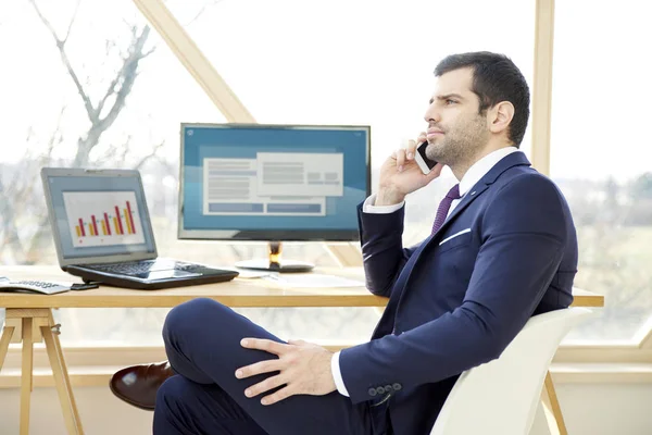 Retrato Jovem Empresário Financeiro Analisando Dados Financeiros Consultoria Com Seu — Fotografia de Stock