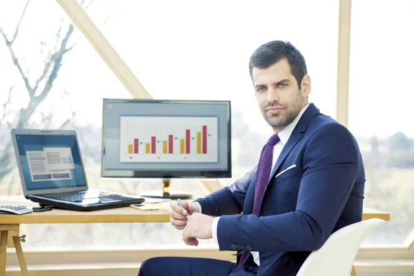 Portrait Young Financial Assistant Businessman Wearing Suit While Sitting Office — Stock Photo, Image