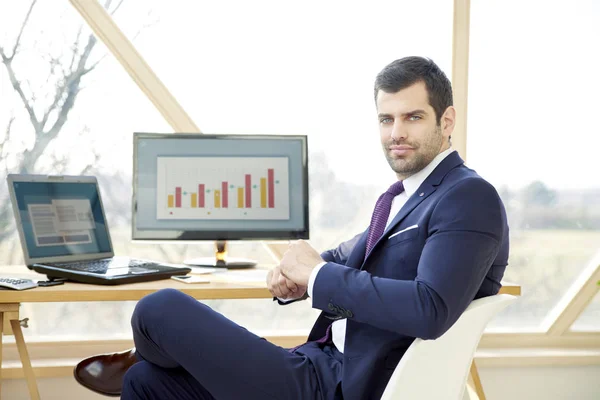 Portrait Young Financial Assistant Businessman Wearing Suit While Sitting Office — Stock Photo, Image